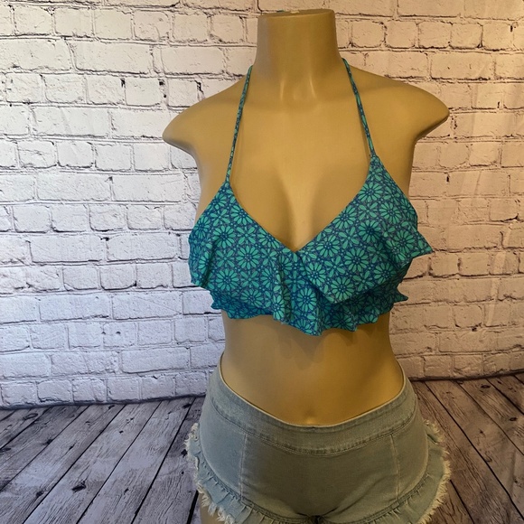 Aerie Ruffle Bikini Wrap Top, Aqua Floral, Size Medium - Picture 1 of 5